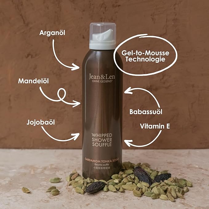 Jean & Len Shower Soufflé Cardamom & Tonka, almond, jojoba and babussa oil, for a fragrant cleansing experience, for normal to dry skin, shower foam, without parabens & silicones, vegan, 6.76 Fl. Oz.