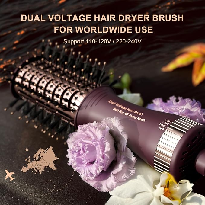 Travel Dual Voltage Hair Dryer Brush 4-in-1 Portable Mini Hot Air Blow Dryer Straightener & Curler Brush, Automático Doble Voltaje Cepillo Secador De Cabello 110~240V US/EU/UK -Blackcurrant Rose Gold