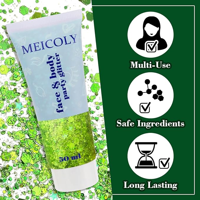 MEICOLY Lime Green Face Body Glitter,Holographic Face Glitter Self-Adhesive,Light Green Body Glitter,St Patricks Day Accessories,Chunky Glitter Face Paint for Party Festival Halloween