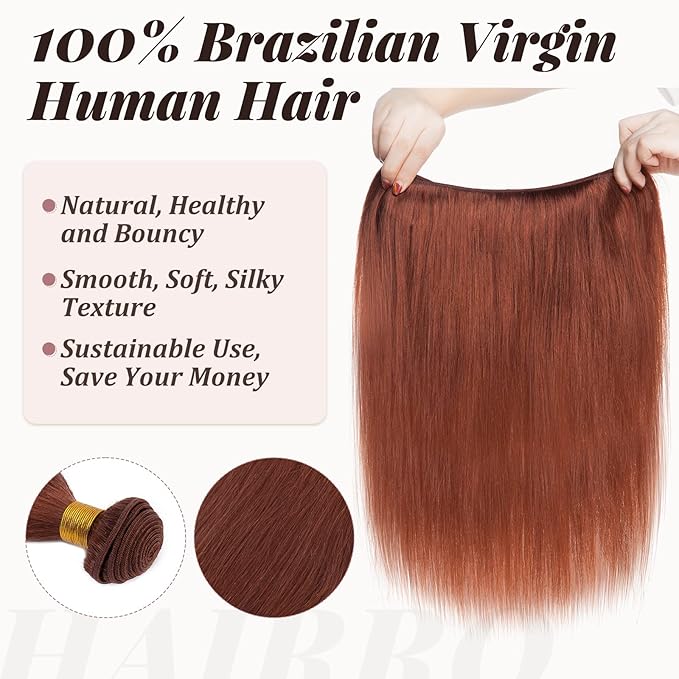 Hairro Sew in Hair Extensions Real Human Hair, 100g/bundle Weave Weft for Women Adding Volume and Length, for DIY Beauty Dating Party, 20 Inch One Bundle Straight Dark Auburn