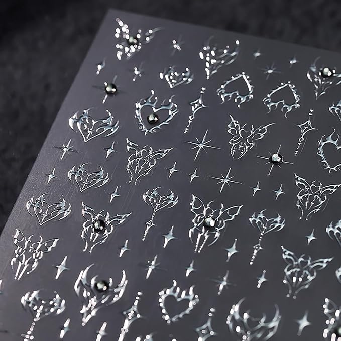 5D Embossed Heart Nail Art Stickers Self-Adhesive Silver Butterfly Nail Stickers for Nail Art Rhinestones Nail Decals Sliver Heart Nail Supplies Sliver Manicure Decorations for Women Girls