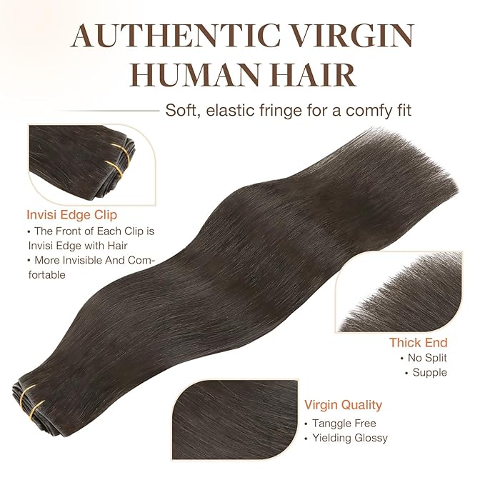 GOO GOO Invisi Edge Clip in Hair Extensions, 22inch 110g 7Pcs, Injected Seamless PU Clip in Hair Extensions, Virgin Real Human Hair, #1C Mocha Brown
