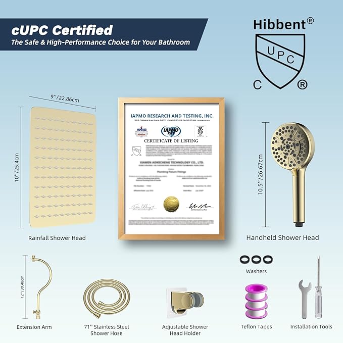 Hibbent All Metal CUPC Certified Shower Head, 10'' High Pressure Rainfall Shower Head, Handheld Showerhead Combo, 12'' Adjustable Extension Arm, 10 Sprays, 71'' Hose, Shower Holder, Polished Brass
