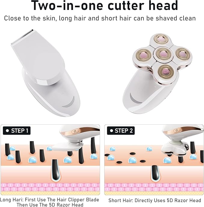 Electric Razors for Womens, 2-in-1 Best Shaver for Women, Rechargeable Trimmer with Detachable Head for Women's Legs, Bikini, Face, Lips Hairs, Cordless Wet Dry Facial Hair Removal for Women