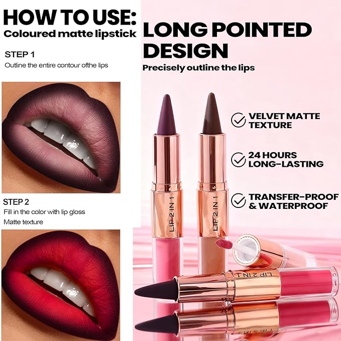 Lip Liner 2 in 1 Professional Matte Lip Kit, Dual-Ended Lip Kit With Lip Liner And Gloss Lip Combo Sets For Black Women,High Pigmented Liquid Lipstick Long Lasting Waterproof Lip Combo Makeup ﻿ (#2)
