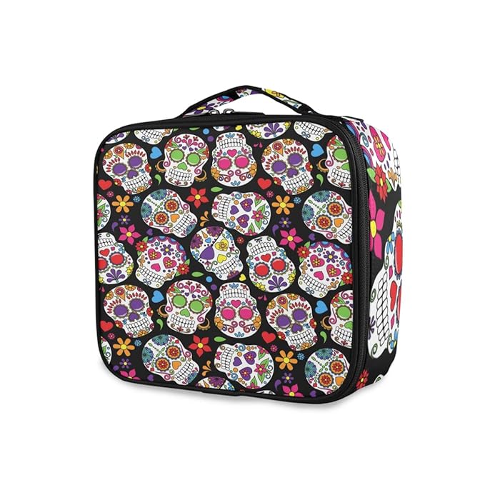 ALAZA Travel Makeup Case, Halloween Colorful Floral Sugar Skull Black Cosmetic toiletry Travel bag for Women Girls