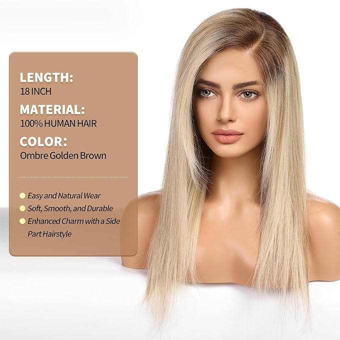 KKU 18 Inch Ombre Golden Brown Human Hair Wigs for Women,Layered Straight Hair Wig with Side Bangs,Wear Natural Realism