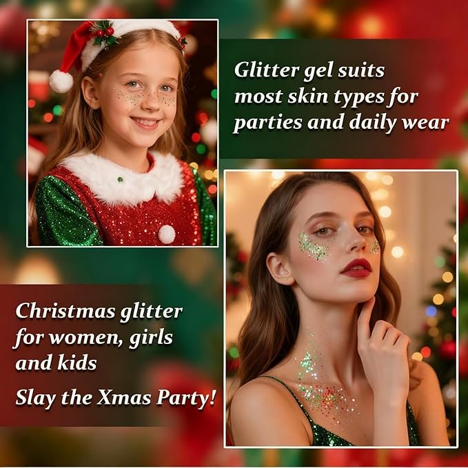 Face and Body Glitter Stick, Holographic Neon Outfit Singer Concert Sparkling Festival Rave Christmas Accessories Glitter Gel Makeup. (Red & Green& White)