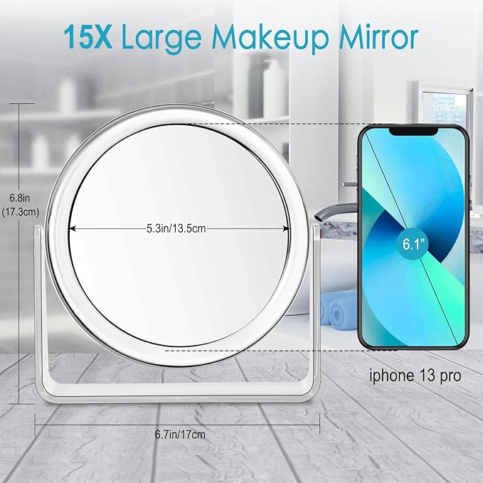15X Magnifying Makeup Mirror for Desk Double Sided 1X/15X Desk Mirror,Portable Table Small Standing Magnifying Mirror for Cosmetic, Transparent, MKT69Z