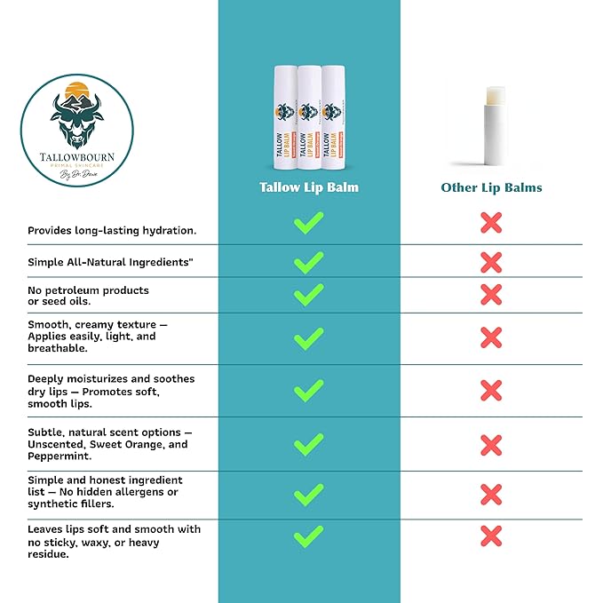 Tallowbourn Moisturizing Tallow Lip Balm – Grass-Fed Beef Tallow with Organic Coconut Oil, Beeswax, and Vitamin E – Sweet Orange – Lip Balm Set – Travel Essential – 3-Pack