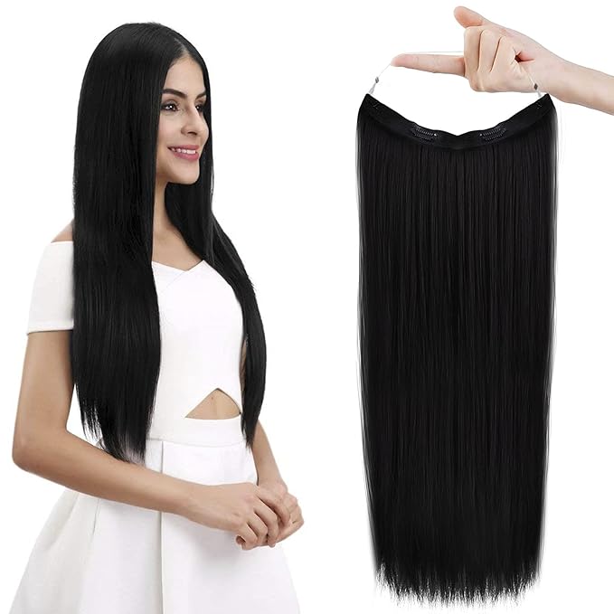 REECHO Invisible Wire Hair Extensions with Transparent Headband Adjustable Size Removable Secure Clips in Straight Secret Hairpiece for Women (20 Inch (Pack of 1), Natural Black)