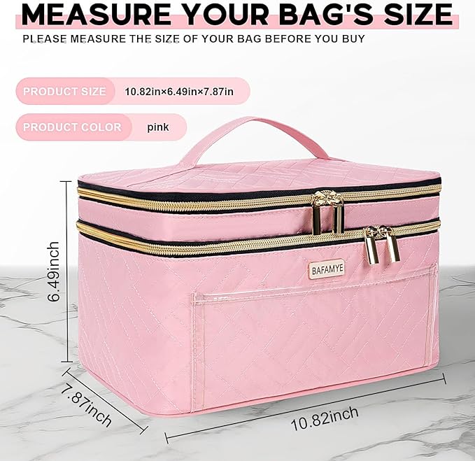 BAFAMYE Double Layer Travel Makeup Bag for Women, Large Cosmetic Case Organizer with Makeup Brush Compartment, Portable Train Case Make Up Bag for Travel-Size