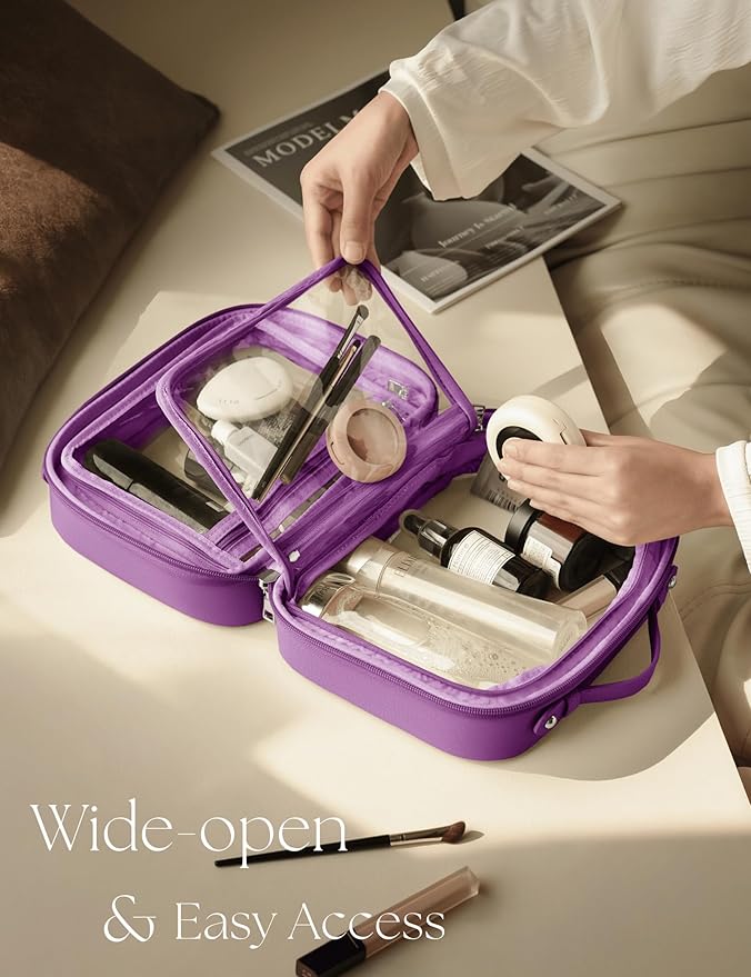 Oaque Clear Cosmetic Bag Double Layer Travel Toiletry Bag Clear Makeup Bag Case with 4 Compartments, Transparent Travel Bag for Toiletries, Large Toiletry Bag for Women Cosmetic Case (Purple, Large)