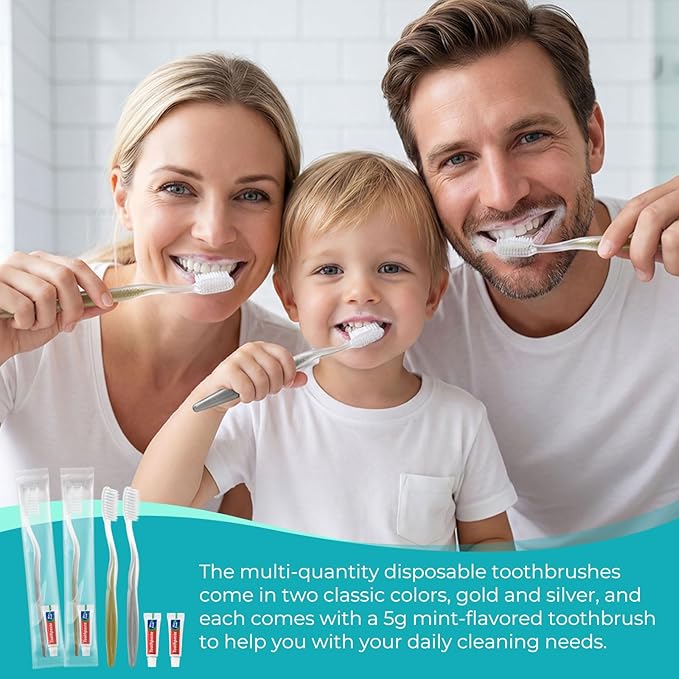 Disposable Toothbrushes with Toothpaste, Gold and Silver Toothbrush Disposable Bulk, Individually Packaged, Suitable for Hotels, Homes, Camping, and Travel (30-Pack)