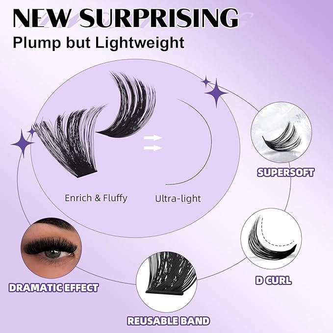 B&Q Fluffy Lash Clusters Thick 200D, Volume Eyelash Clusters 10-18mm, D Curl Cluster Eyelash Extensions, Supersoft Individual Lashes Wispy Cluster Lashes Dramatic Full Look Eyelash（200D）