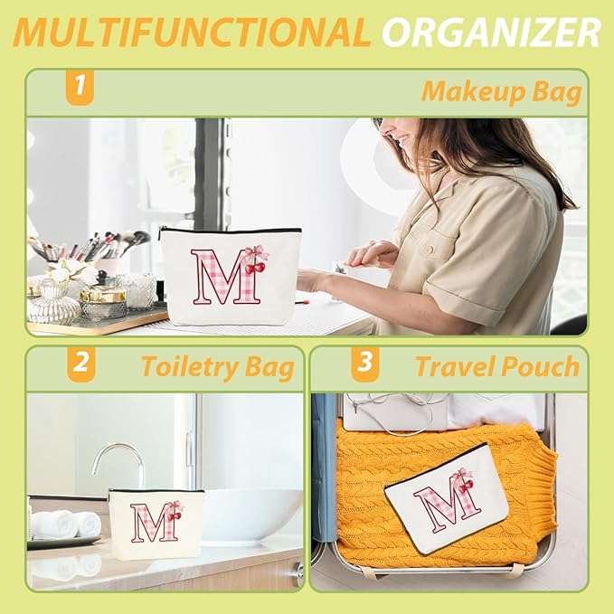 CQM Initial Makeup Bag Monogram Cosmetic Bag Monogrammed Gifts for Women Girls Friends Coworker Employee Personalized Travel Toiletry Bag Christmas Bridal Shower Wedding Bridesmaid Gifts, Cherry M