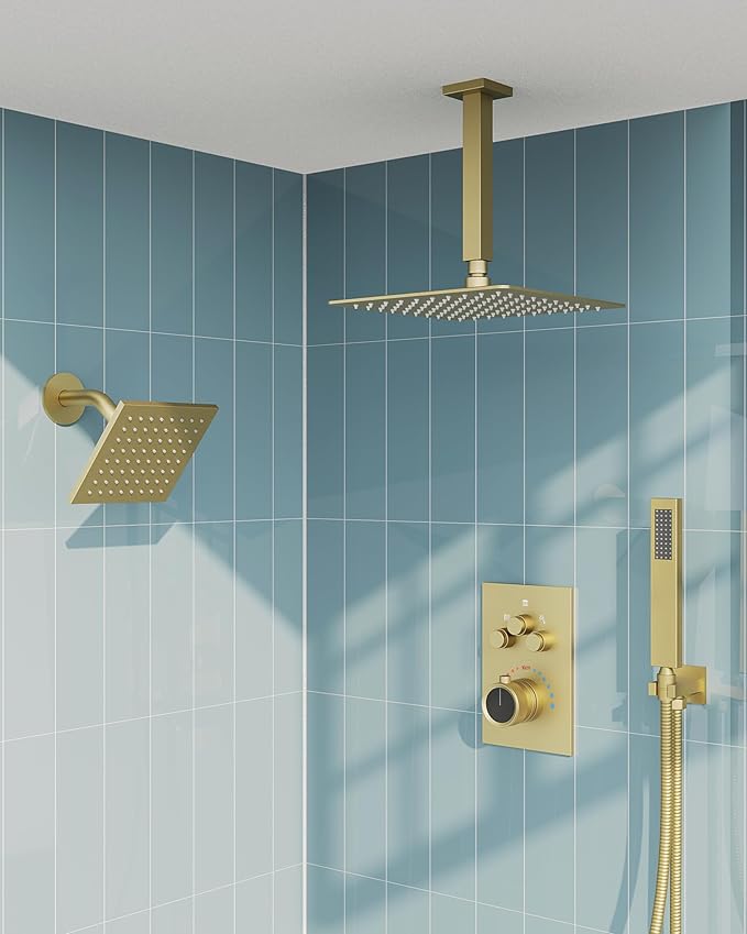 GRANDJOY Thermostatic Shower System, Dual Rainfall Shower Heads for Ceilling & Wall Mounted with Handheld Sprayer, Brushed Gold
