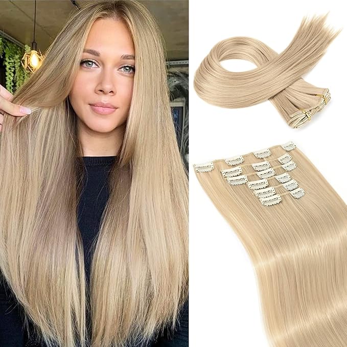 LONAI 6PCS Clip In Hair Extensions, 24" Long Straight Synthetic Clip On Hairpiece For Women Natural Ash Blonde