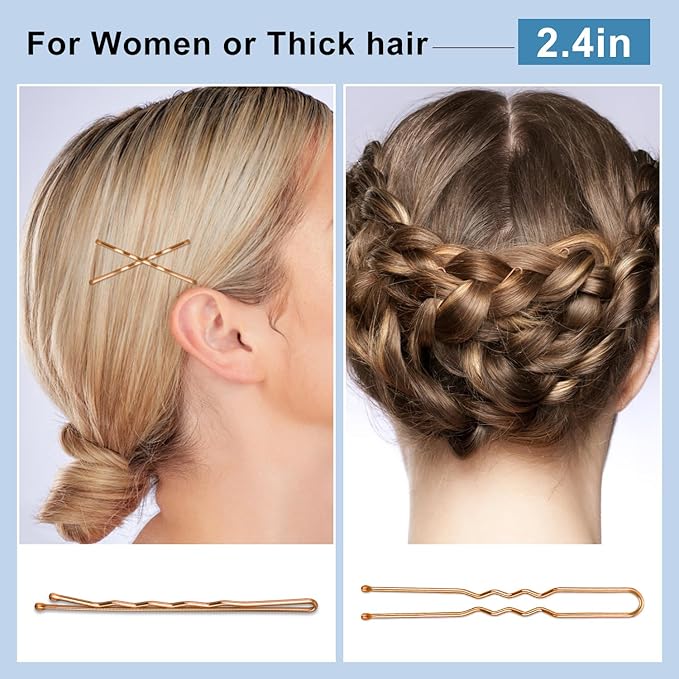 TsMADDTs Hair Pins, 200 pcs Rose Gold Bobby U Shaped Hair Pins for Women Styling, Ballet Bun with Box, 2.4in & 2in