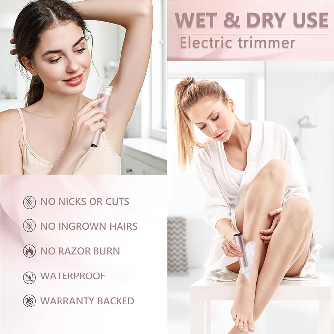 Bikini Trimmer for Women 2-in-1 Electric Shaver and Razors IPX8 Waterproof for Wet & Dry Use Painless Hair Trimmer Removal for Body, Underarms, Legs and Face for Sensitive Skin,Rose Pink