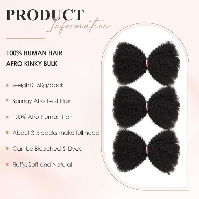 Teresa Springy Afro Twist Human Hair for Braids and Dreadlocks, Natural and Soft pre Fluffed Spring Twist Hair Can be Dyed and Bleached (22 Inch, 50g/Pack)