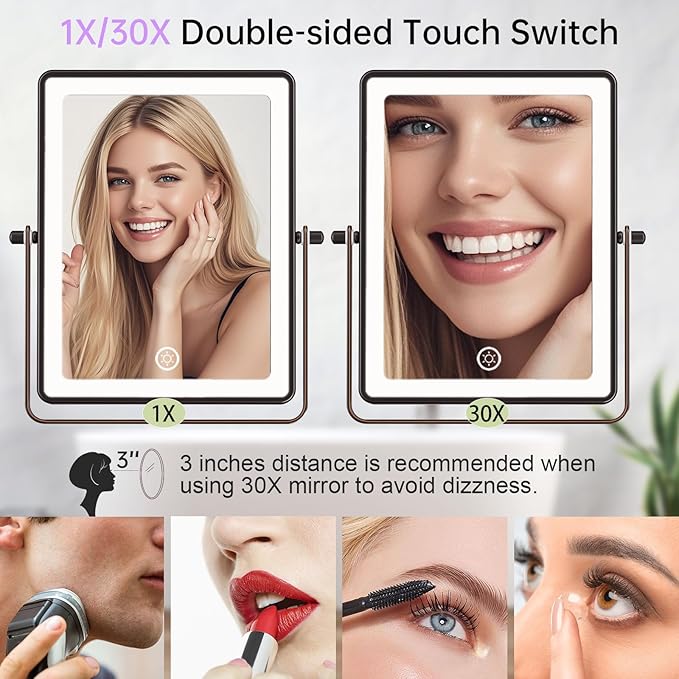 FASCINATE 5000mAh Rechargeable Wall Mounted Makeup Mirror with Lights, 8.7 Inch Double Sided Touch Switch 1X 30X Magnifying Bathroom Mirror, 3 Color Lights Dimmable Extended Arm 360°Rotation (Bronze)