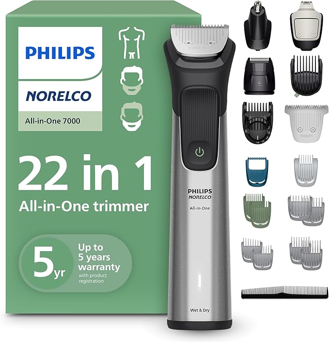 Philips Norelco All-in-One 7000 Series 22-Piece Trimmer - Electric Shaver and Clipper for Face, Beard, Head & Body, Self-sharpening Full Metal Blades, 28 Length Settings (0.5-16 mm), MG7975/49