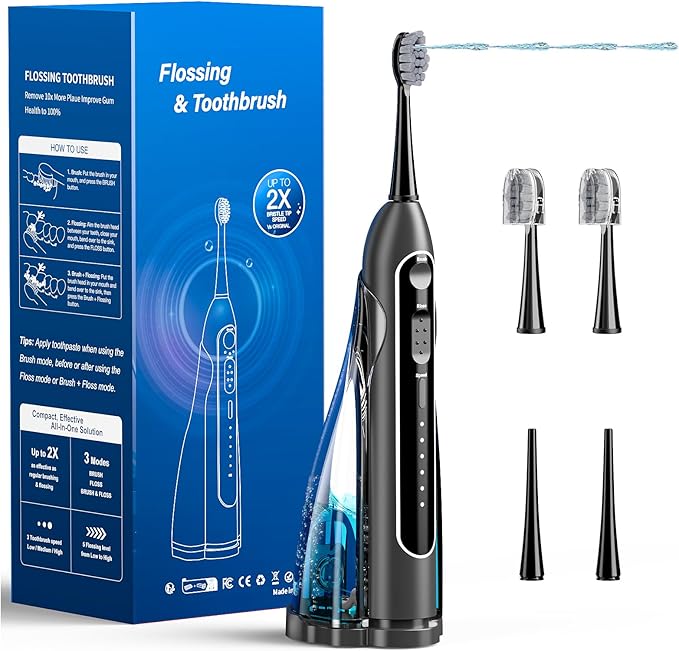 Becoolpet Electric Toothbrush with Water Flosser,Portable Flossing Toothbrush White 8 Mode,IPX8 Waterproof,Equipped Brush Head and Nozzle,for Travel and Home-Black