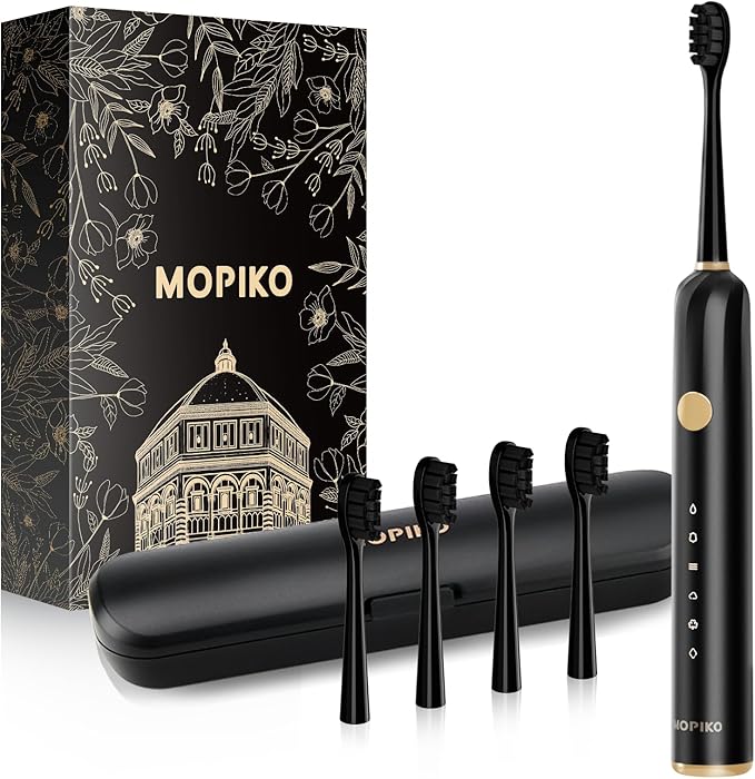 Sonic Electric Toothbrush for Adults - 6 Modes Rechargeable Electric Toothbrush with 4 Replace Brush Heads, Power Sonic Toothbrush with Travel Case, Ideal Gift for Men Women, Black