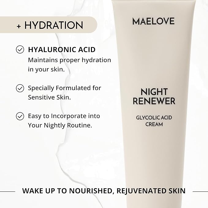 MAELOVE Night Renewer Night Cream with 2-in-1 Glycolic Acid Treatment, Unscented, For Sensitive Skin