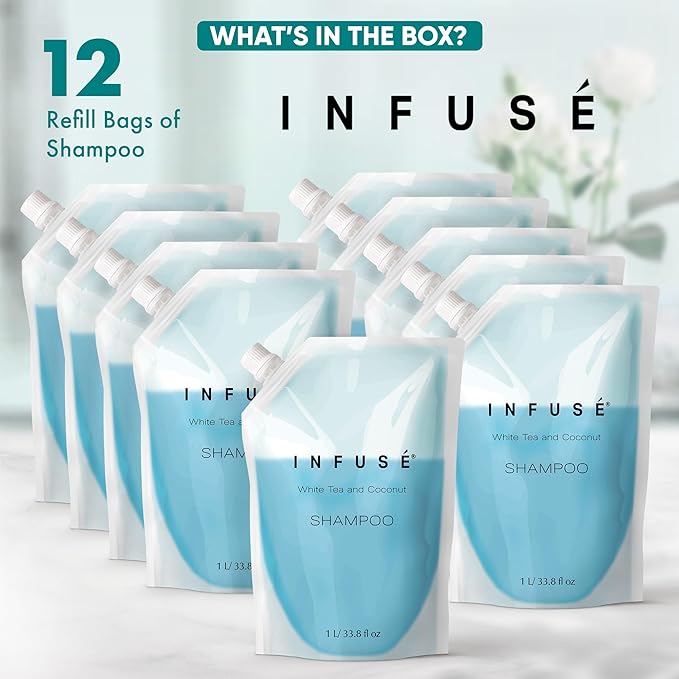INFUSÉ 1 Liter Shampoo Refill Bag For Soap Dispensers | Bulk Toiletries for Vacation Rentals, and Home Bathroom Showers | White Tea and Coconut | Set of 12