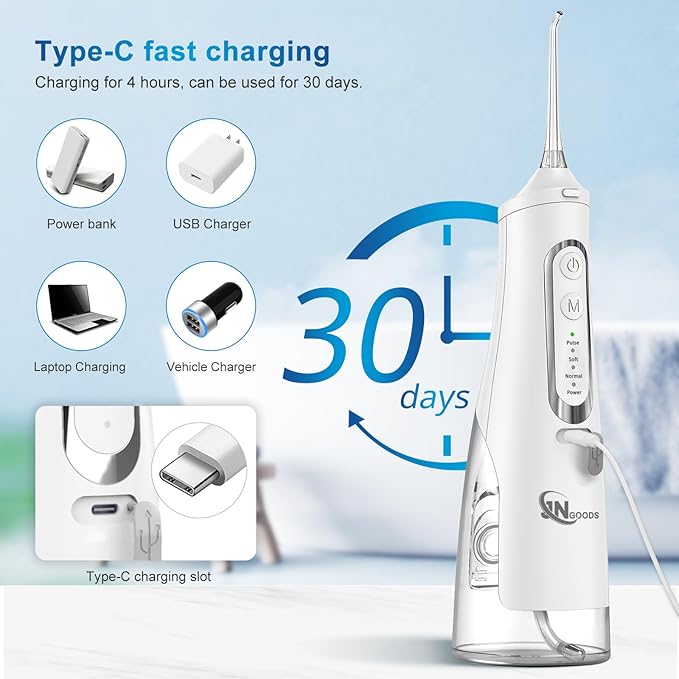 JNGOODS Cordless Water Dental Flosser Oral irrigator,JNGOODS 310ml Rechargeable Water flosser for Teeth IPX7 Waterproof 4 Modes Portable Oral Irrigator with 4 Jet Tips,Travel Home use (White)