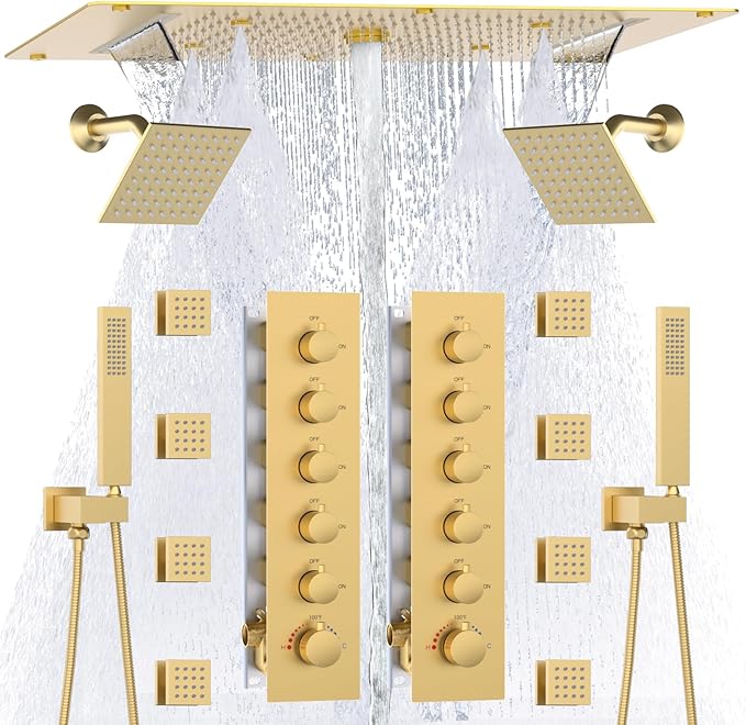 HOMEDEC Dual Shower System for Two, 15x28" Rain 4-Function & 6" Shower Heads, 5-Way Diverter Valves, Shower Faucet Set with Body Jets, Brushed Gold
