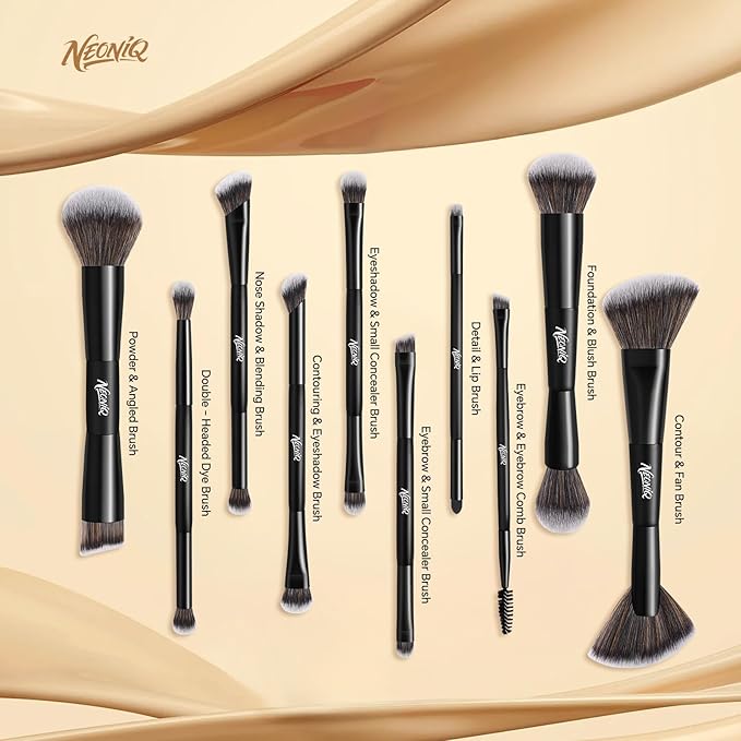 NEONIQ 10 PCS Foundation Contour Conceal Brush Set With Bag, Makeup Brushes, Double-End Multi-functional Brushes for Foundation Powder Blush Eyeliner Eyeshadows, Professional Face Brush Set（Black）