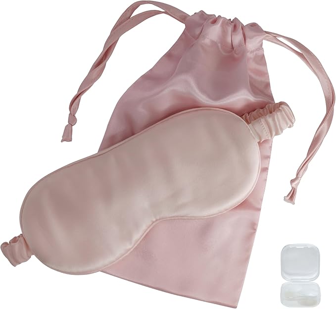 Satavi Naturals Mulberry Soft Silk Eye Mask for Sleeping with Ear Plugs & Luxury Bag - Cooling Night Eye Covers Sleep Face Mask for Women - Blindfold Travel Eye Mask Blocking Out Light - Pink