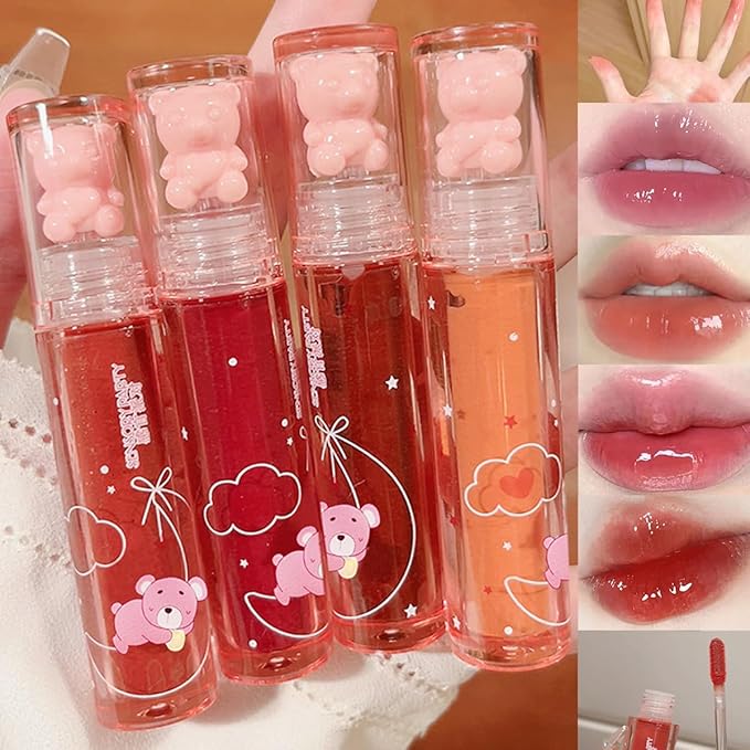 4Pcs Bear Lip Glaze Hydrating Jelly Lip Gloss,Jelly Liquid Lipstick Cute Bear Lipgloss Moisturizing Lip Stain Plumping Water Lip Gloss Waterproof Long Lasting Cheek Rouge Tint Makeup (4, A)