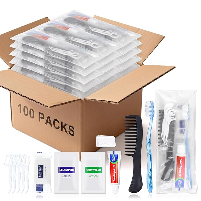 100 Sets Personal Hygiene Kit Basic Toiletry Kits Homeless Supplies Bulk for Travel,Include 100 Toothbrush, 100 Toothpaste, 100 Comb, 100 Bath Soap, 100 Shampoo,100 BodyWash, 500Floss Picks