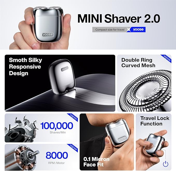 yoose Alloy Mini Shaver, Portable Electric Razor for Men, IPX7 Waterproof, Dry Shave, USB-C Rechargeable, Easy to Clean Magnetic Detachable Head, Cordless Electric Shaver, 60 Mins Runtime, Green