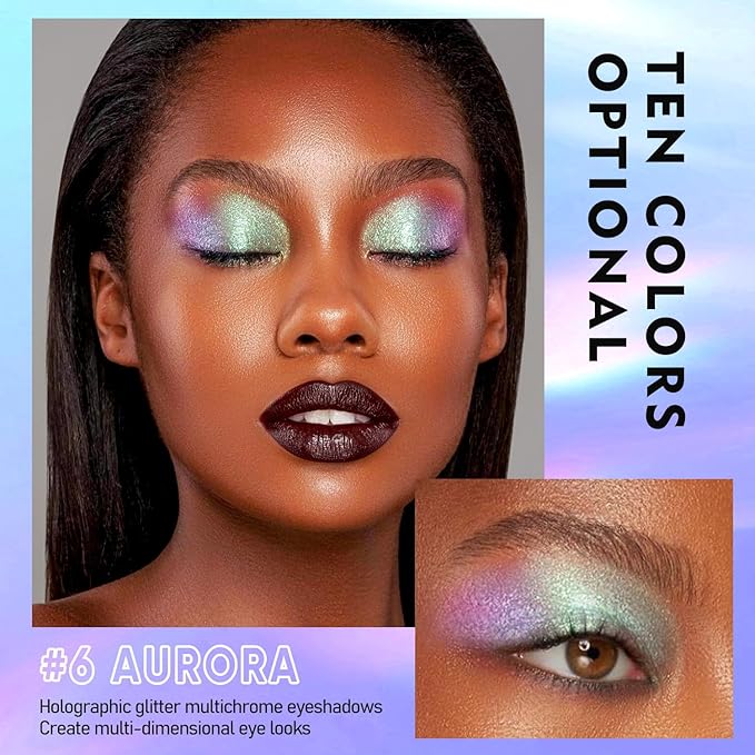 MAKI YIKA Glitter Liquid Eyeshadow Chameleon Metallic Eyeshadow MultiColor Shifting Long Lasting Multichrome Holographic Eye Topper Glitters (#6 Aurora)