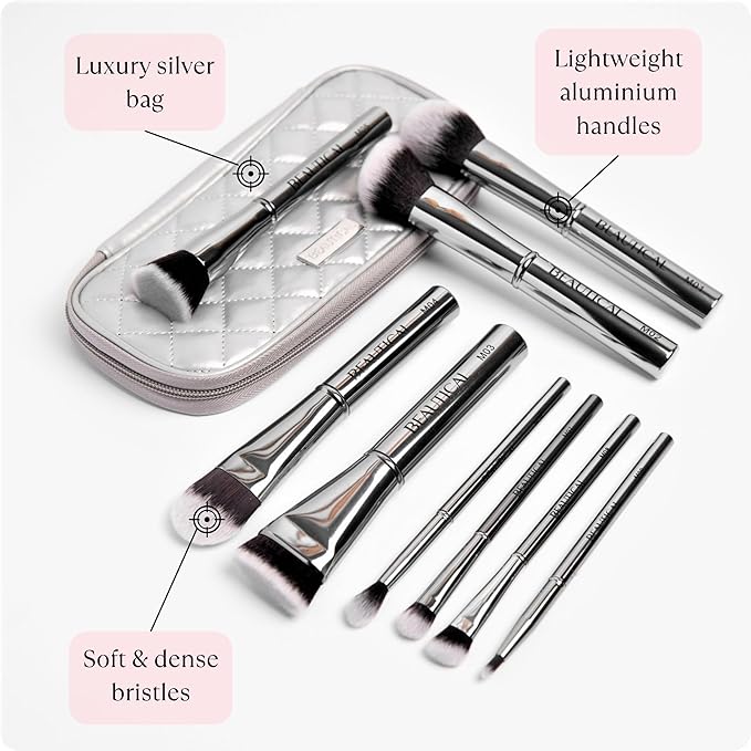BEAUTICAL Professional Makeup Brush Set – 9 Piece Vegan Brushes with Carry Pouch | Soft Dense Bristles for Liquid, Cream & Powder | Lightweight Aluminum Handles Makeup Brushes For Daily Makeup Routine