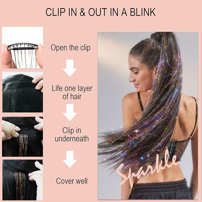 47" Holographic Hair Tinsel Shining Gold Professional Sparkle Heat-Resistant Silk Extensions, Hair Accessories for Girls, Party Hair, Gifts for Girls (6PCs Clip in Hair Tinsel Kit, Shining Pink)