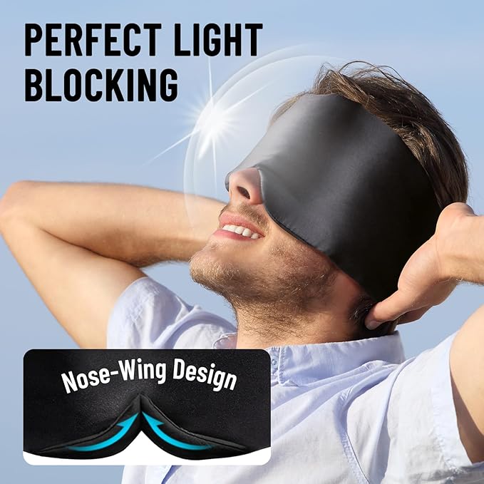 ATreebay 100% Mulberry Silk Sleep Mask, Large Eye Cover for Sleeping, Comfortable and Pressure-Free Sleeping Masks for Women Men, Completely Blackout (Black)