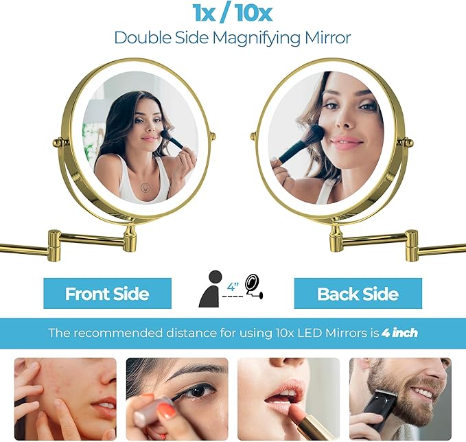 Fab Glass and Mirror Rechargeable Lighted Makeup Mirror 8 Inch, 1x/10x Magnification 3 Color Lights Touch Screen Dimmable 360° Rotation, Wall Mounted Magnifying Mirror Wall Mounted Mirrors (Gold)