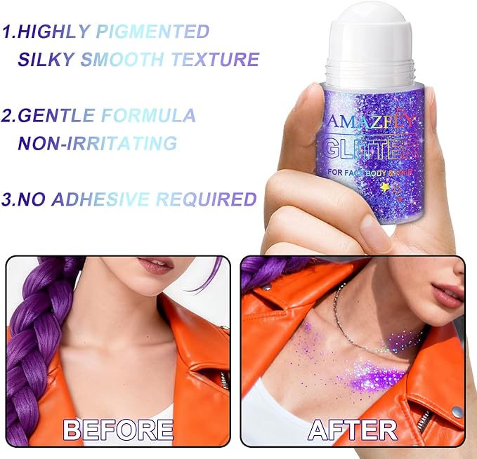 1PC Roll-on Holographic Body Glitter Gel for Body, Hair, Face, Chameleon Color Changing Glitter Gel Under Light, Chunky Mermaid Sequins Festival Party Rave Accessories Shimmer Makeup (Purple)