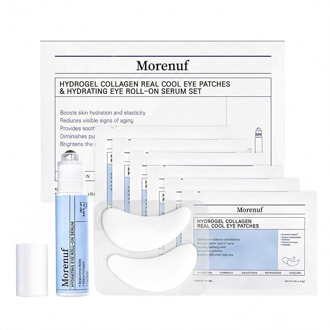 MORENUF Hydrogel Collagen Real Cool 6 Pairs of Eye Patches & Hydrating Roll-On Serum Set for Dark Circles and Puffiness - Hyaluronic Acid and Caffeine Eye Serum Korean