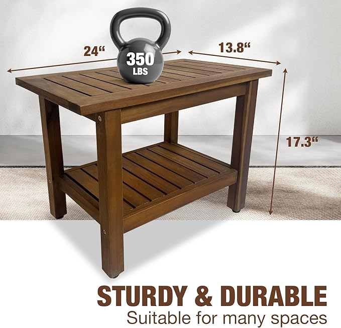 GREEN ALLUVIUM 24 inch Acacia Wood Shower Bench with Storage Shelf - Waterproof Sturdy Shower Stool - Shower Seats for Adults and Elderly - Bathroom Bench 350 lb Capacity