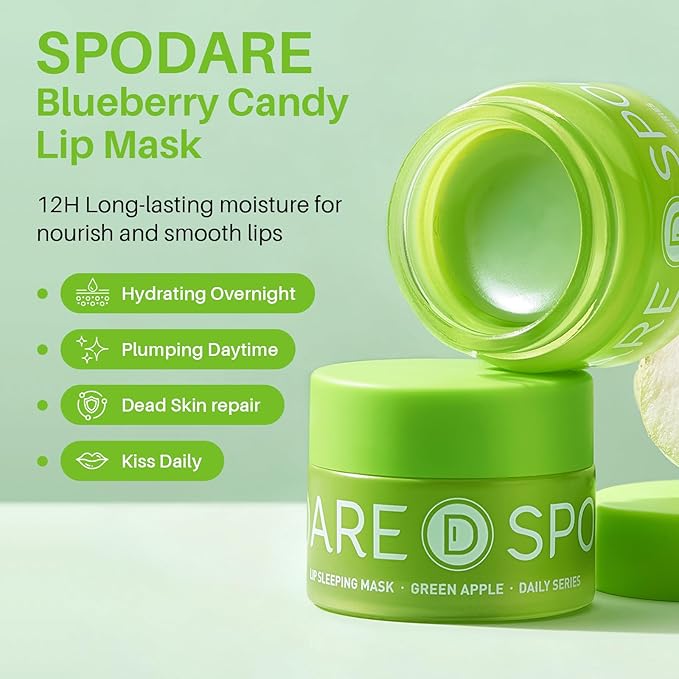 SPODARE Sleeping Lip Mask Green Apple - Repair for Dry Cracked Lips, Infused with Vitamin C and Shea Butter, Lip Mask Nourish and Revitalize Overnight, Wake to Softer, Smoother, Glow Lip - 0.42 Fl Oz