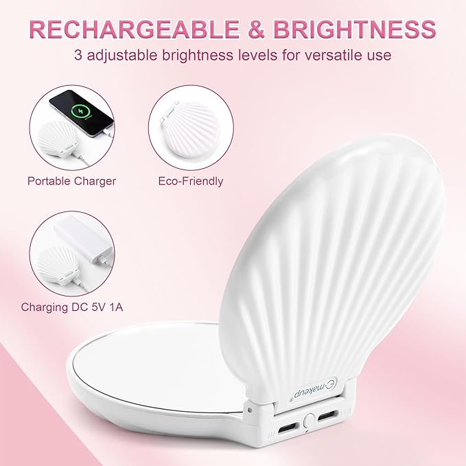 Compact Makeup Mirror with Lights Travel Mirror with Light Small Compact Mirror 2x/10x Magnification & LED Lighted,Rechargeable Compact Mirror Portable Adjustable Pocket, White