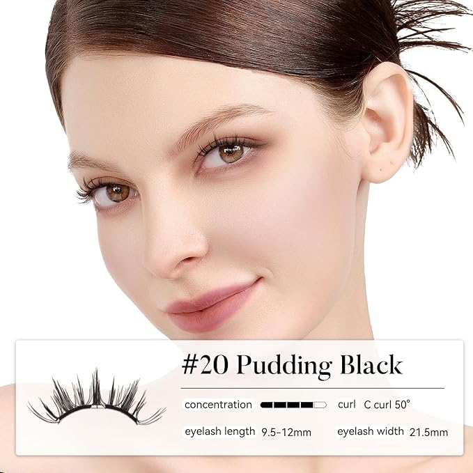 WOSADO Soft Magnetic Eyelashes [No.20 Pudding Black] 21.5mm with Applicator Kit, Reusable Glue-free Wispy Magnetic Lashes, Cruelty-free False Lashes, Waterproof, Lightweight, Suit for Heavy Makeup