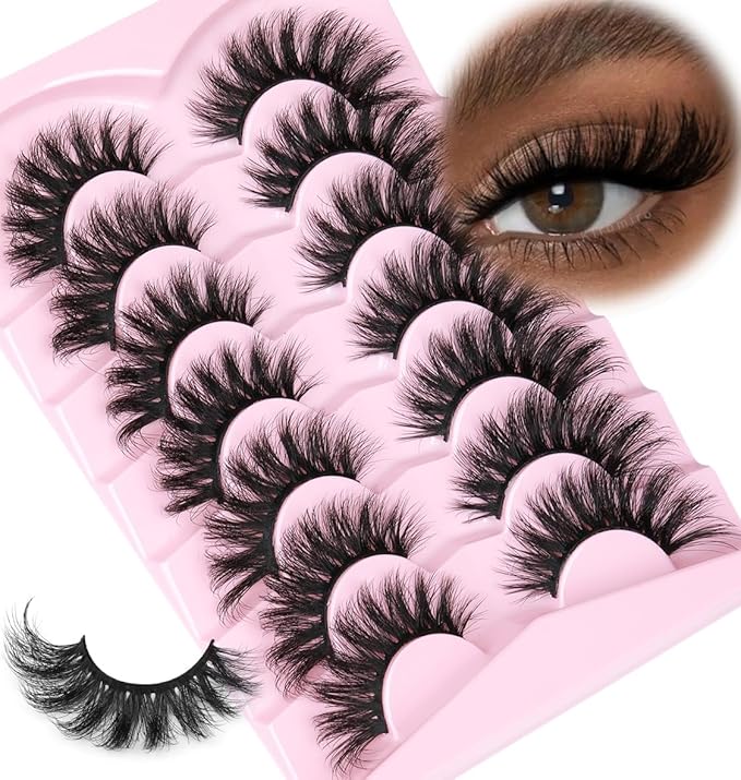 Kiromiro Mink Lashes Fluffy False Eyelashes 18mm Long Fake Lashes Thick Cat Eye Eyelashes 3D Volume Lash Strips Faux Mink Eyelashes Pack, 7 Pairs